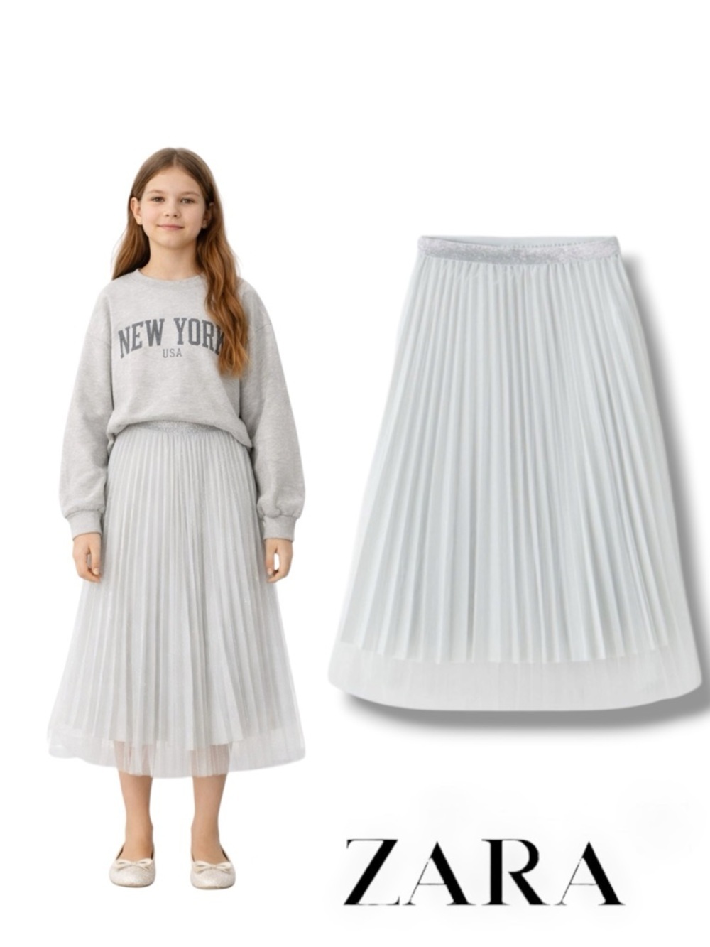 ZARA Kids Silver Sparkly Tulle Midi Skirt NWT Size 13/14